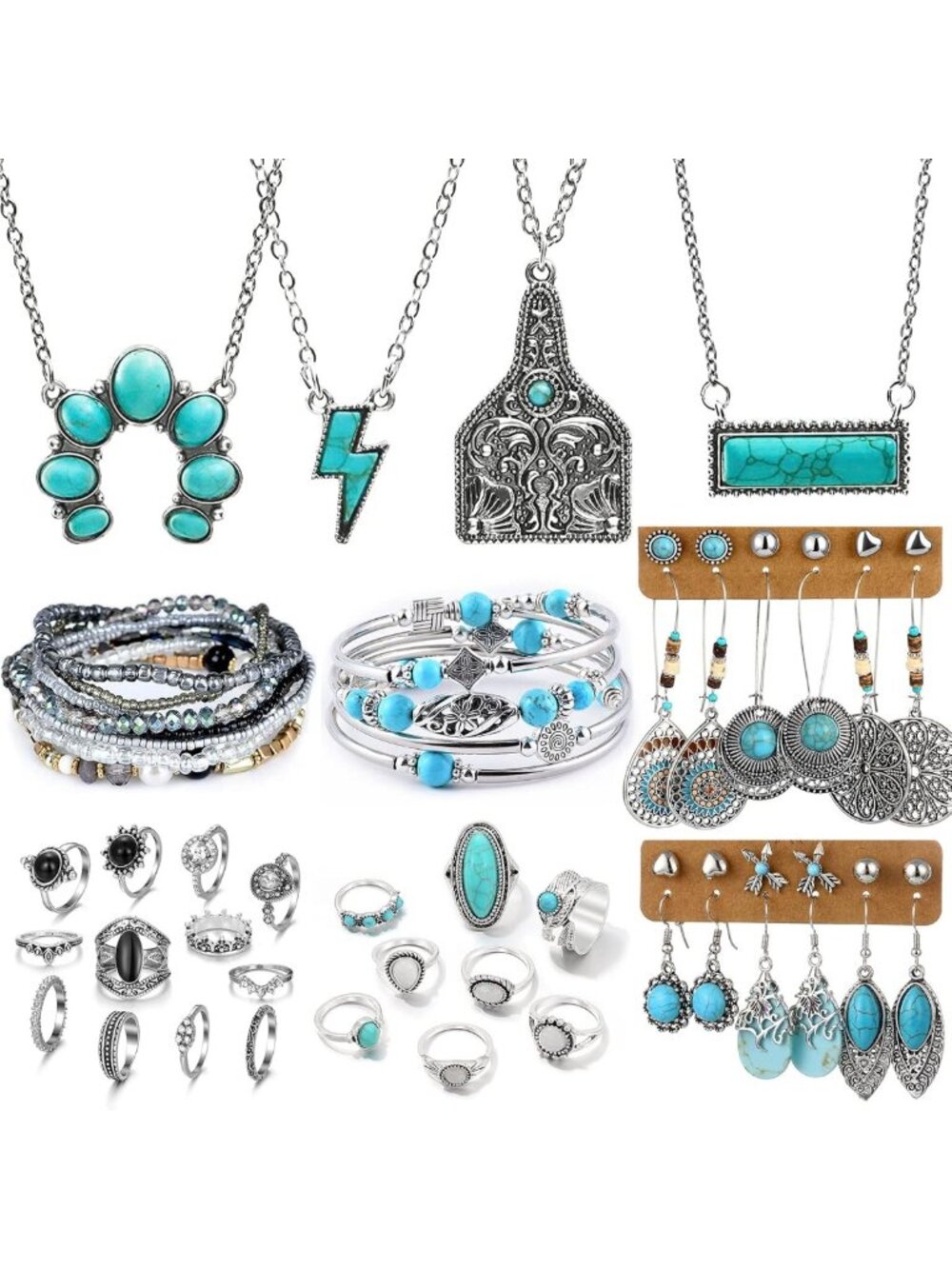 Bohemian Turquoise Jewelry Set - Necklace, Dangle Earrings, Stackable Bracelets